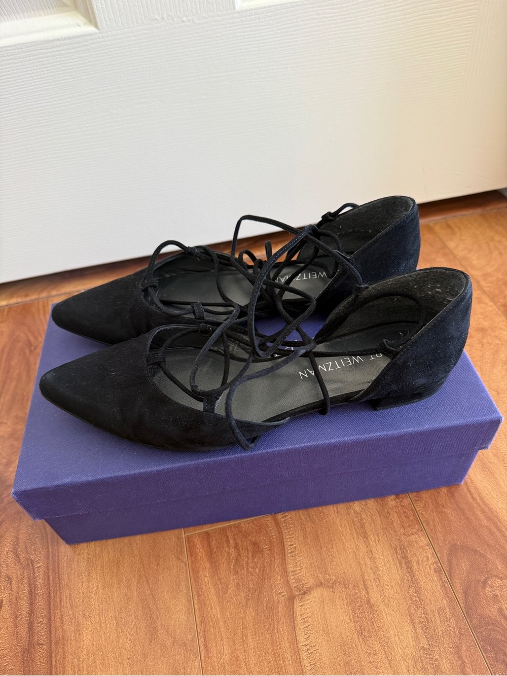 Stuart Weitzman Black Suede Pointed Lace-Up Flats